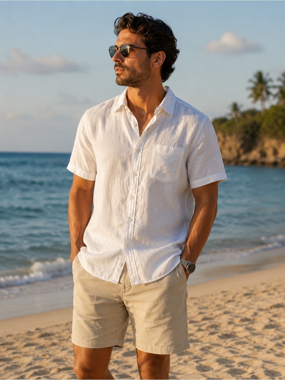 Thom Aaron Men's Casual Short-Sleeve Button-Down Linen Shirt — White